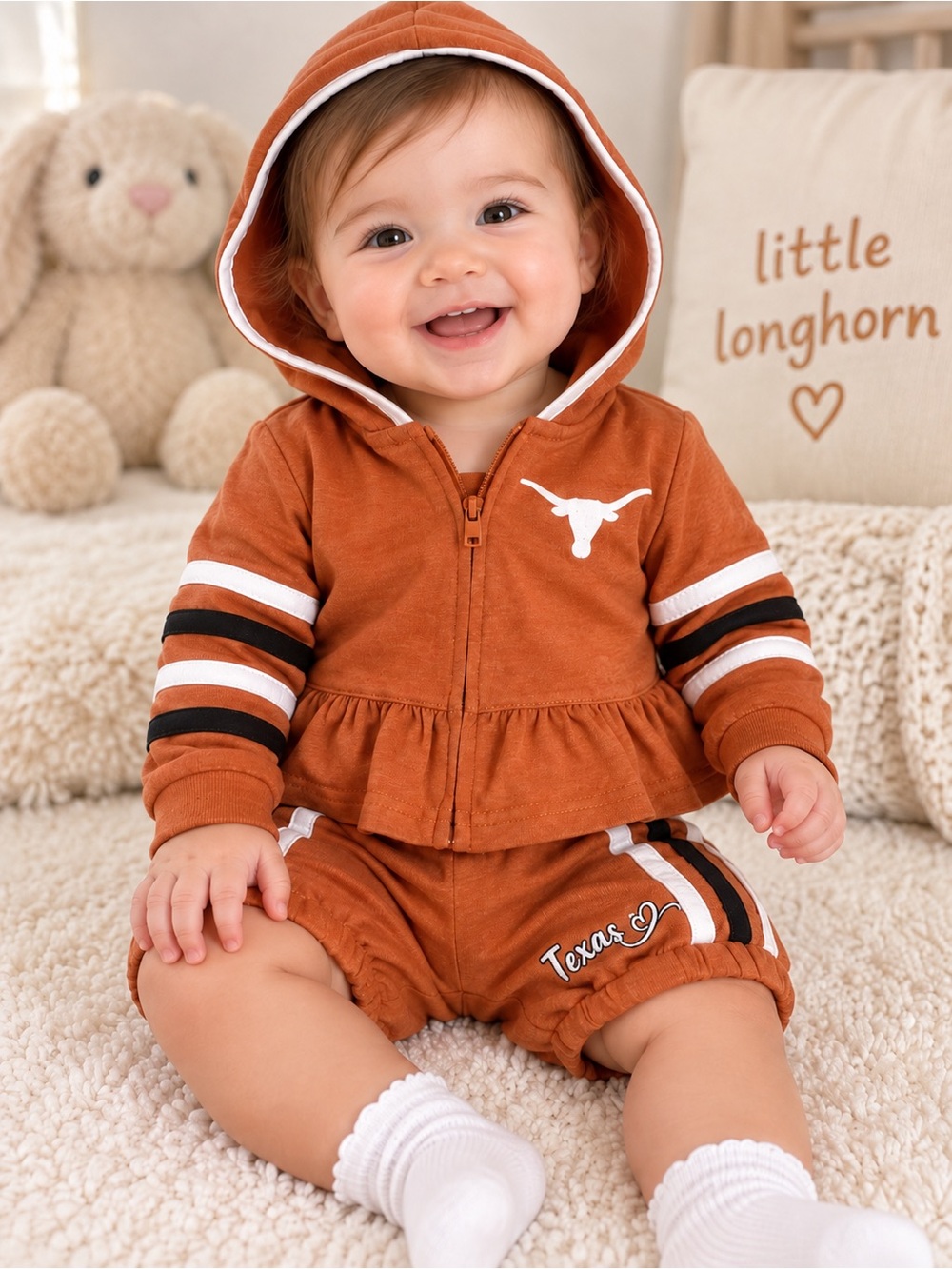 🆕 Colosseum Texas Longhorns Infant Baby Girl 2 Piece Hoodie Shorts Set 0-3M